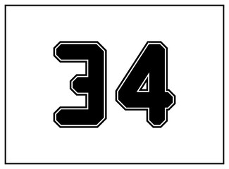 34 number classic american, college style font. Uniform letter in black with a black outside contour line. Vintage sport font.For jersey, t-shirt, basketball, baseball, football. Isolated vector