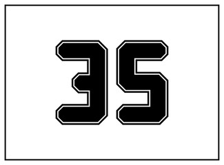 35 number classic american, college style font. Uniform letter in black with a black outside contour line. Vintage sport font.For jersey, t-shirt, basketball, baseball, football. Isolated vector