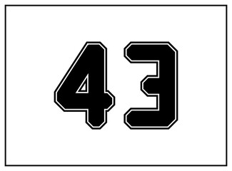 43 number classic american, college style font. Uniform letter in black with a black outside contour line. Vintage sport font.For jersey, t-shirt, basketball, baseball, football. Isolated vector
