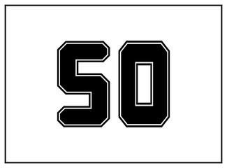 50 number classic american, college style font. Uniform letter in black with a black outside contour line. Vintage sport font.For jersey, t-shirt, basketball, baseball, football. Isolated vector