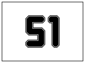 51 number classic american, college style font. Uniform letter in black with a black outside contour line. Vintage sport font.For jersey, t-shirt, basketball, baseball, football. Isolated vector