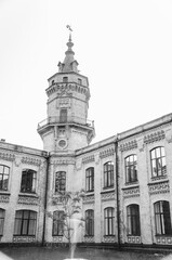 Architecture black and white background tower of an ancient brick building