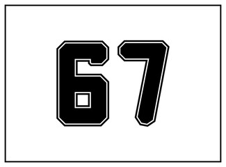 67 number classic american, college style font. Uniform letter in black with a black outside contour line. Vintage sport font.For jersey, t-shirt, basketball, baseball, football. Isolated vector