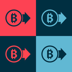 Pop art Cryptocurrency coin Bitcoin icon isolated on color background. Physical bit coin. Blockchain based secure crypto currency. Vector.