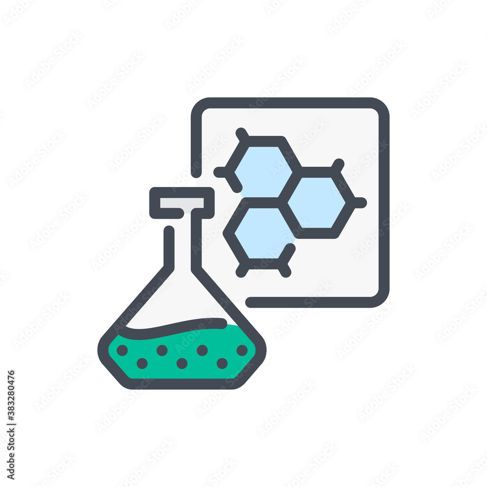 Poster science glassware flask with formula color line icon. glass bottle with molecular structure vector o