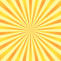 Sun rays background. Orange yellow radiate sun beam burst effect. Sunbeam light flash boom. Starburst poster. Sunlight star, sunrise glow burst. Solar radiance glare, retro design. Vector illustration