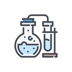 Science experiment with laboratory glassware color line icon. Chemical glass bottle with test tube vector outline colorful sign.