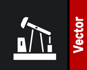 White Oil pump or pump jack icon isolated on black background. Oil rig. Vector.