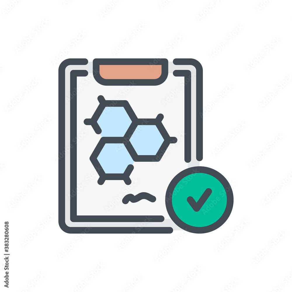 Poster clipboard with molecule formula and check mark color line icon. experiment report with tick vector o