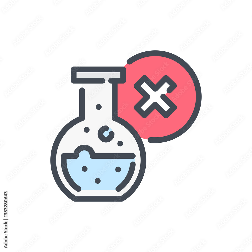 Poster lab glass bottle with negative result color line icon. science glassware with liquid and cross vecto