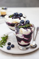 Tiramisu. Homemade dessert in glasses with blueberries, cream and ladyfingers garnish with blueberries and thyme. Light grey stone background.