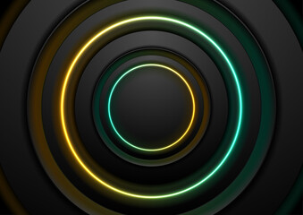 Technology abstract background with black circles and yellow turquoise neon shiny rings. Vector geometrical design