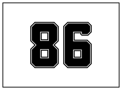 86 number classic american, college style font. Uniform letter in black with a black outside contour line. Vintage sport font.For jersey, t-shirt, basketball, baseball, football. Isolated vector