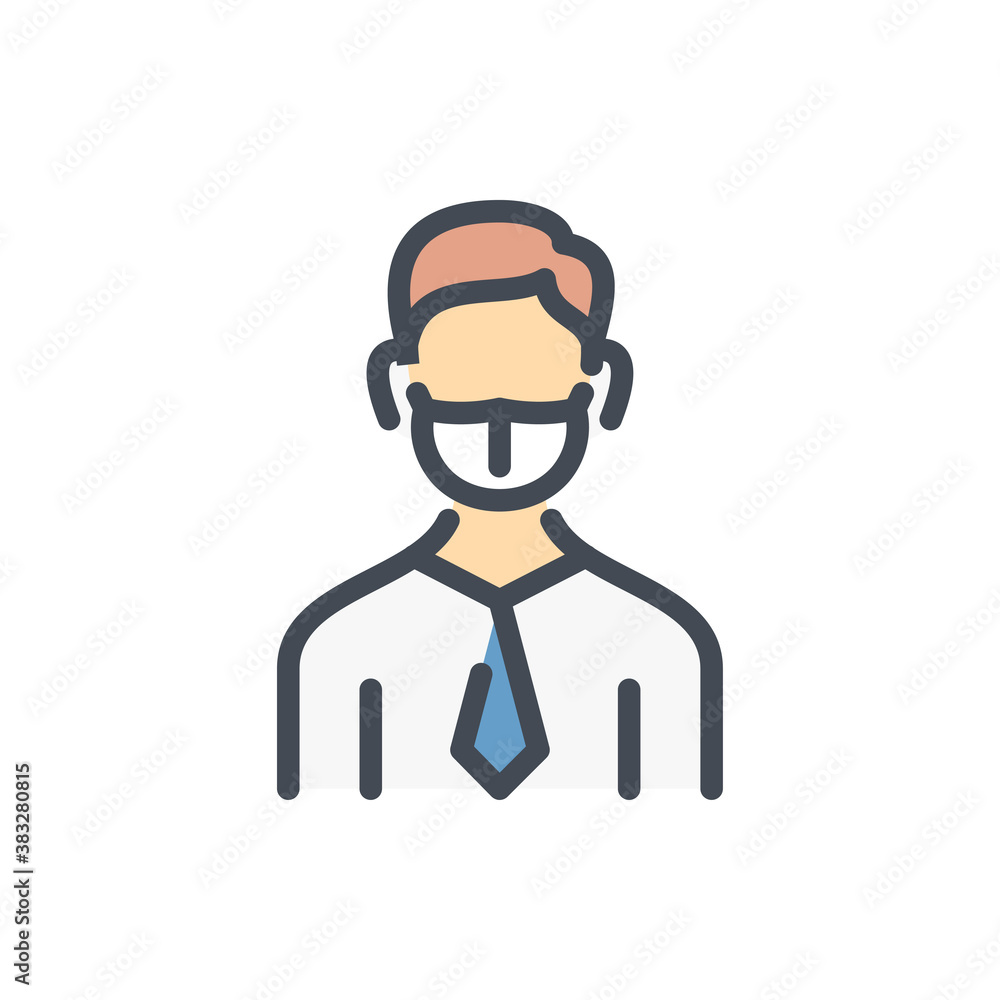 Poster man in face mask color line icon. business person with tie and face mask vector outline colorful sig
