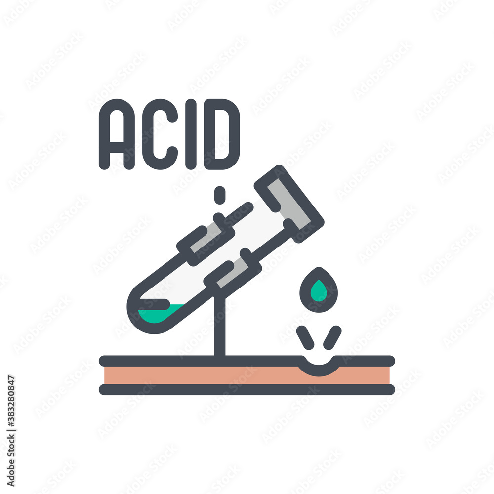 Poster lab flask with acid liquid color line icon. chemical experiment with glasware and danger liquid vect
