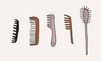 Hand drawn grooming tools. Vector illustration of hairdresser accessories. Barber shop, pet service. Hairbrushes and combs isolated on white background.