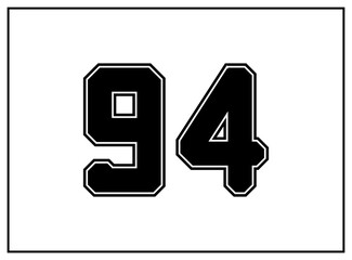 94 number classic american, college style font. Uniform letter in black with a black outside contour line. Vintage sport font.For jersey, t-shirt, basketball, baseball, football. Isolated vector