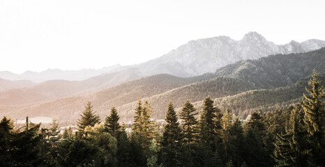 Morning sun over spruce covered hills in Tatra mountains