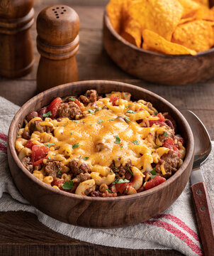 Bowl Of Chili Mac With Cheddar Cheese