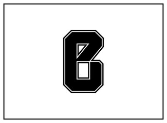 B letter classic american, college style font. Uniform letter in black with a black outside contour line. Vintage sport font.For jersey, t-shirt, basketball, baseball, football. Isolated vector