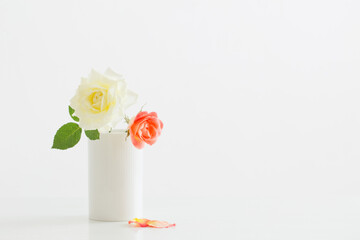  roses in white cup on white wooden table