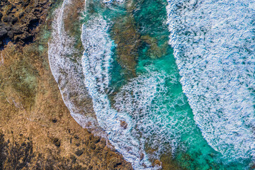 Obraz premium Fuerteventura. Vulcano Beach. Waves. Top View of a drone at the Bay. Spain