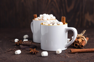Two white ceramic cups with hot cocoa or chocolate with marshmallow and anise, cinnamon and bitter chocolate on dark brown stone background.