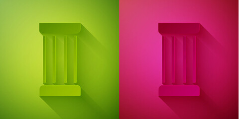 Paper cut Ancient column icon isolated on green and pink background. Paper art style. Vector.