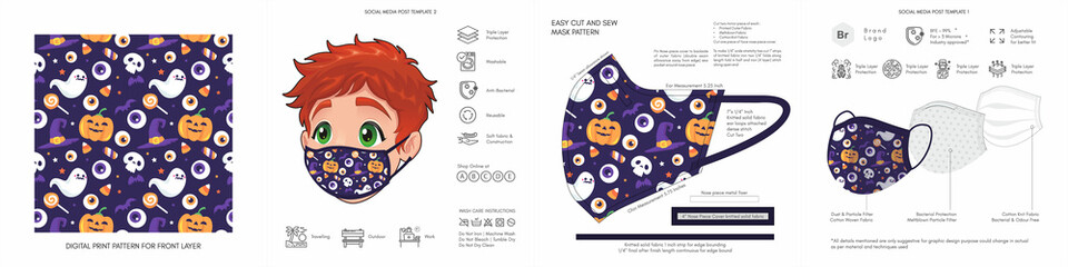 Sweet and Spooky Halloween Face Masks Seamless Prints & Protective Trendy Cute Cartoon Animated Character Face Mask Patterns for Kids Suitable for Back to School Look