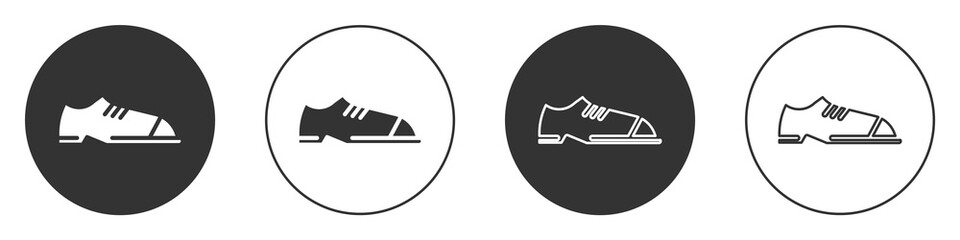 Black Men shoes icon isolated on white background. Circle button. Vector.