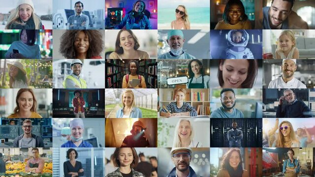 Montage of Happy Multi-Cultural and Multi-Ethnic People of Diverse Background, Gender, Ethnicity, and Occupation Smiling at Posing Looking at Camera. Happy Workers of the World Cheerfully Smiling. 
