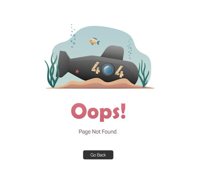 Error 404 Page. Oops! Sorry, Page Not Found. A Sunken Submarine. Flat Illustration For Web.