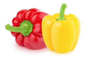 Vegetable composition: red and yellow pepper on white background.