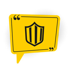 Black Shield icon isolated on white background. Guard sign. Security, safety, protection, privacy concept. Yellow speech bubble symbol. Vector.