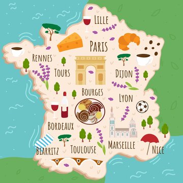 Cartoon map of France. Travel illustration with landmarks, buildings, food and plants. Funny tourist infographics. National symbols. Famous attractions. Vector illustration.