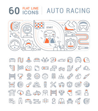 Set Vector Line Icons Of Auto Racing