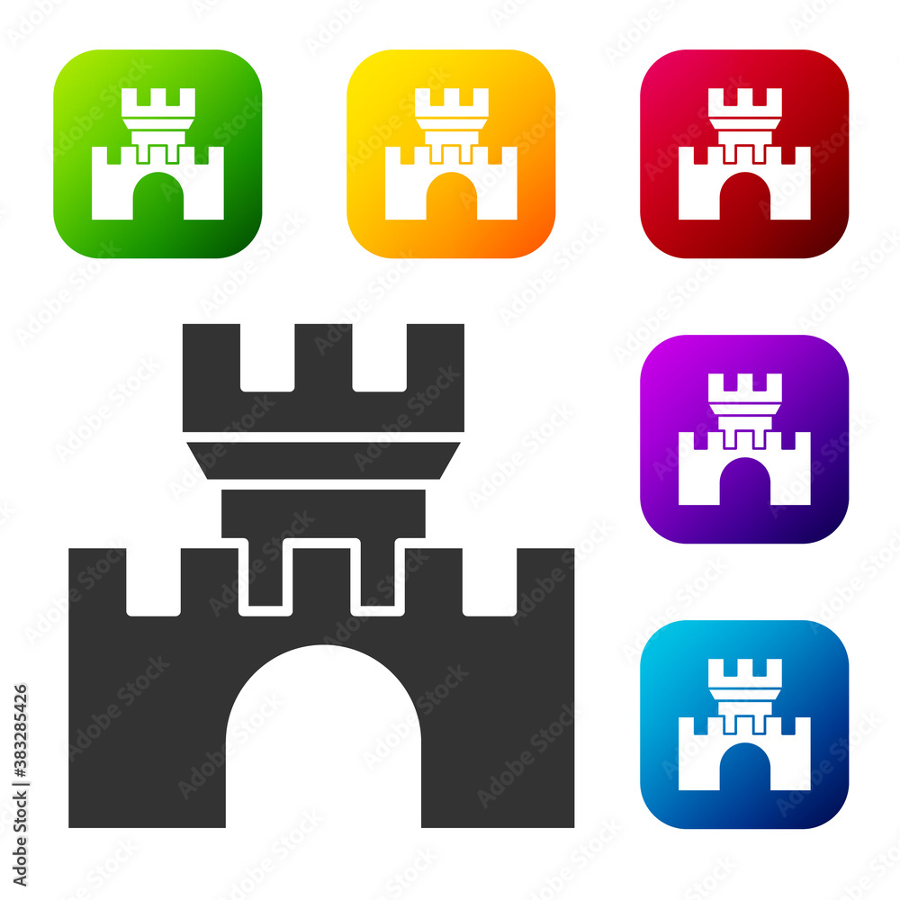 Poster black castle icon isolated on white background. medieval fortress with a tower. protection from enem