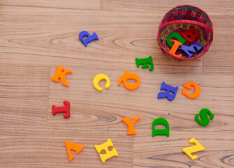 Letters in a bag and scattered letters. Scattered alphabets.Learning concept.