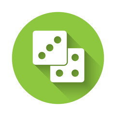 White Game dice icon isolated with long shadow. Casino gambling. Green circle button. Vector.