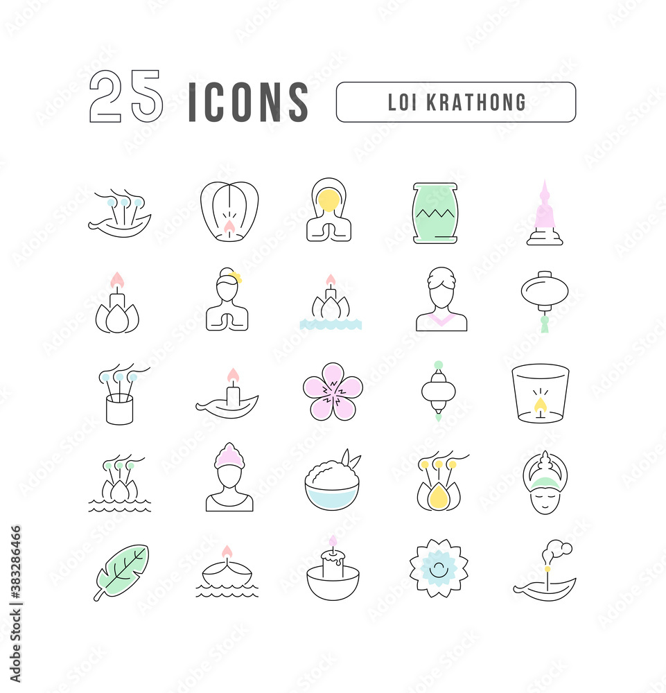 Poster Vector Line Icons of Loi Krathong