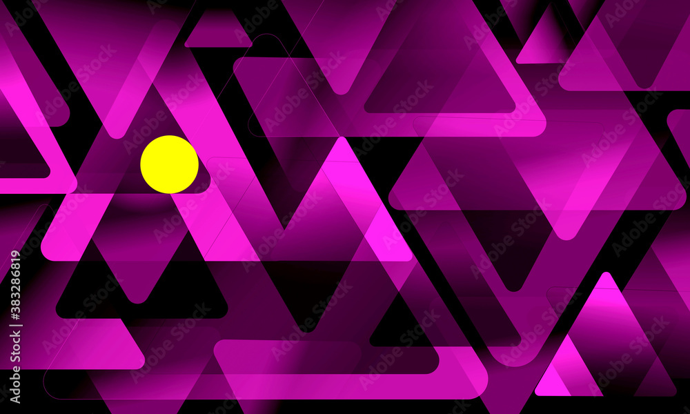 Poster pink triangles and yellow circle pattern design on a black background