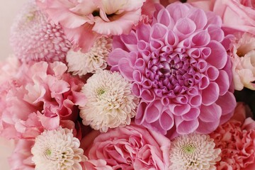 Beautiful bouquet of pink flowers close up 