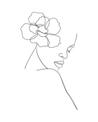 Portrait of beautiful woman with flower on head.  Line drawing. - Vector illustration.