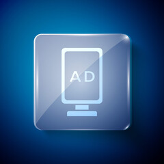 White Advertising icon isolated on blue background. Concept of marketing and promotion process. Responsive ads. Social media advertising. Square glass panels. Vector.