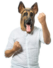 Man in Dog Mask Posing in Fight Stance on Isolated Background