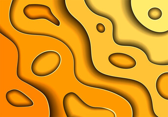 Abstract paper poster textured with wavy layers. Art illustration. Realistic yellow paper cut background.