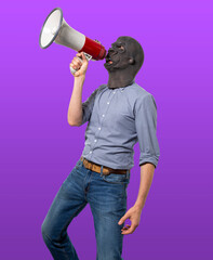 Man in Gorilla Mask Yelling Through Megaphone