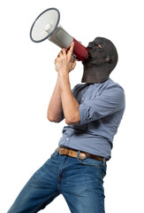 Man in Gorilla Mask Screaming on Megaphone isolated Cutout