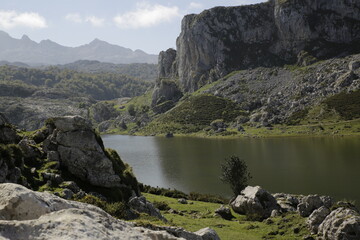 beautiful lake between rocks and mountains. Lagos de Covadonga, Asturias, España