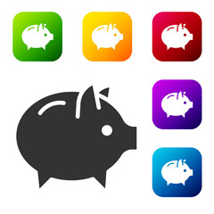 Black Piggy bank icon isolated on white background. Icon saving or accumulation of money, investment. Set icons in color square buttons. Vector.